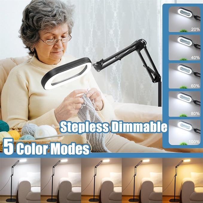 IVMAIE 12X Magnifying Glass with Light and Stand, Real Glass Lens, 5 Color Modes LED Dimmable Lighted, 3-in-1 Floor Lamp with Clamp, Hands Free Magnifier for Reading, Craft Painting Close Work, Black