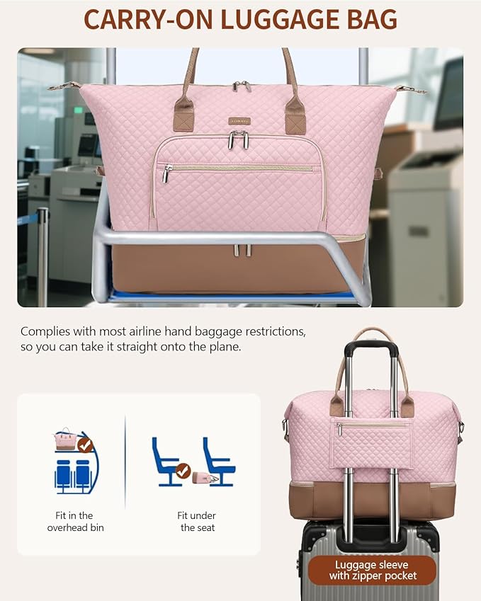 Duffle Bag for Women Travel, Weekender Bag Overnight Bag with Shoe Compartment, Carry on Bag with Crossbody Purse for Over Night, Weekend, Yoga, Gym, Business Trips, Hospital, Pink Brown