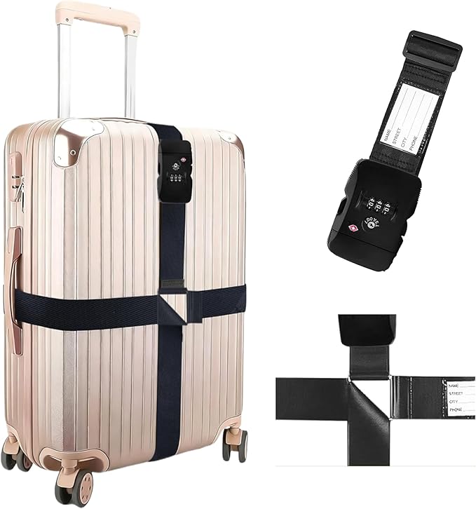 Luggage Straps, TSA Approved Black Heavy Duty Suitcase Belt with Combination Lock, Adjustable Cross Strap for Checked and Carry-On Bags, Includes ID Name Tags (1-Pack)