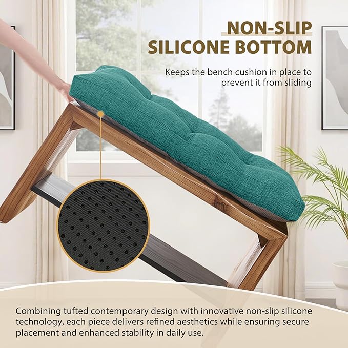 downluxe Indoor Bench Cushion for Indoor Furniture, Non-Slip Tufted Overstuffed Textured Foam Bench Seat Cushion, 1 Pack, 36" X 14" X 4", Green