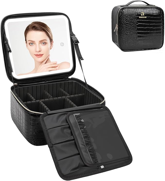 Relavel Makeup Train Case With LED Mirror, Professional Travel Cosmetic Bag with Removable Partitions,Compact Makeup Organizer, Waterproof Toiletry Case for Women, Black