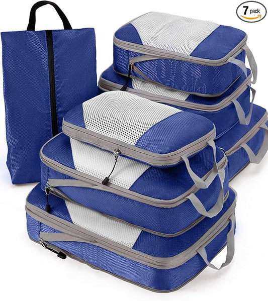 Meowoo 7 Set Compression Packing Cubes for Travel, Durable Ripstop Mesh Suitcase Organizer with Shoe Bag, Ultralight & Expandable Space Saver Travel Cubes