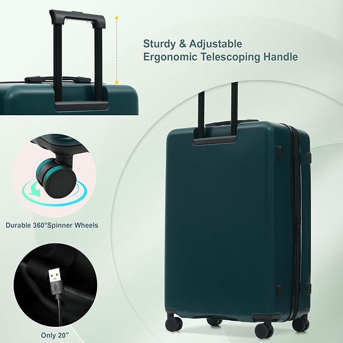 Merax Luggage Sets 5 Piece Front Open, Hardside 20" Carry On Suitcase Set with USB Port,Lightweight Expandable Travel 24" 28" Luggage with Bags TSA Locks Double Spinner Wheels,Dark Green