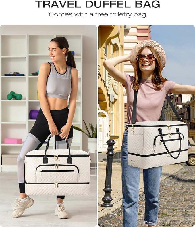 Travel Duffle Bag, Wide Open Large Weekender Bag for Women with Shoe Compartment, Carry on Overnight Bags with Toiletry Bag, Hospital Bag for Women Labor Delivery with Wet Pocket (Beige Black)
