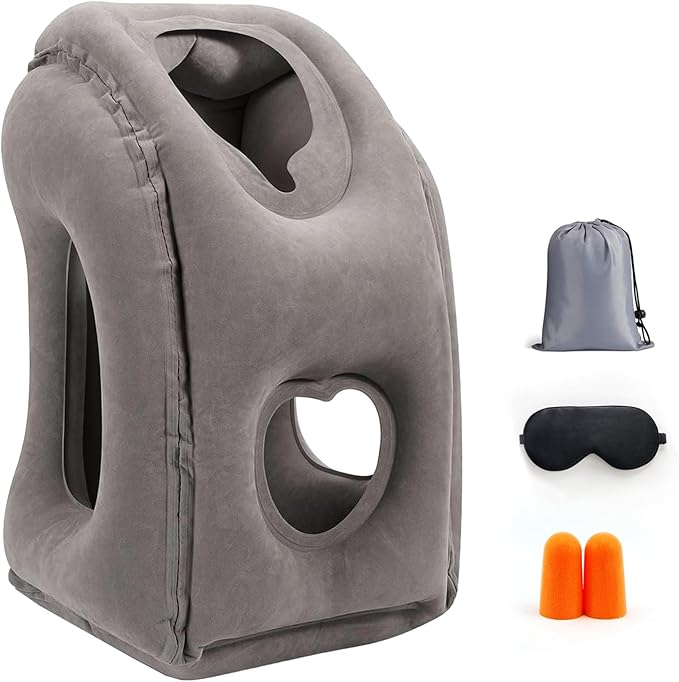 Inflatable Travel Pillow for Airplanes, Airplane Pillow for Long Flight Comfortably Supports, Used for Planes, Trains, Cars, Includes Storage Bag, Eye Mask & Earplugs (Grey)