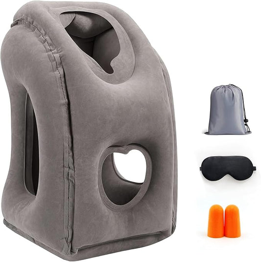 Inflatable Travel Pillow for Airplanes, Airplane Pillow for Long Flight Comfortably Supports, Used for Planes, Trains, Cars, Includes Storage Bag, Eye Mask & Earplugs (Grey)