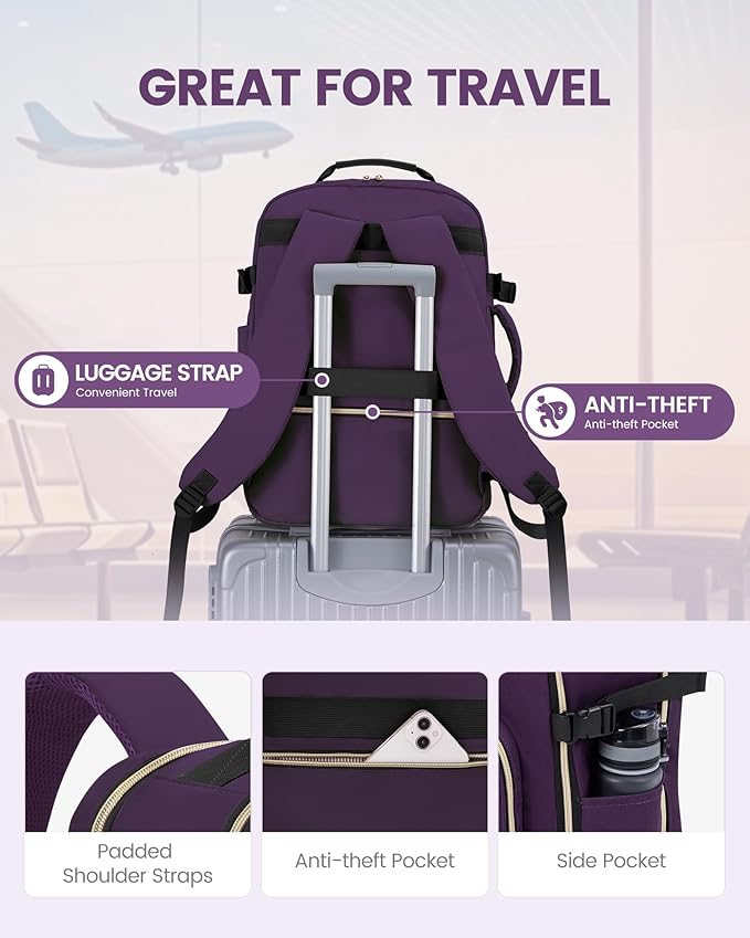 LOVEVOOK Travel Backpack for Women & Men 40L,Airline Approved Carry On Backpack Travel Essentials,TSA Carry on Luggage,Waterproof Personal Item Travel Bag Suitcase,3 Packing Cubes,Dark purple-Black-2