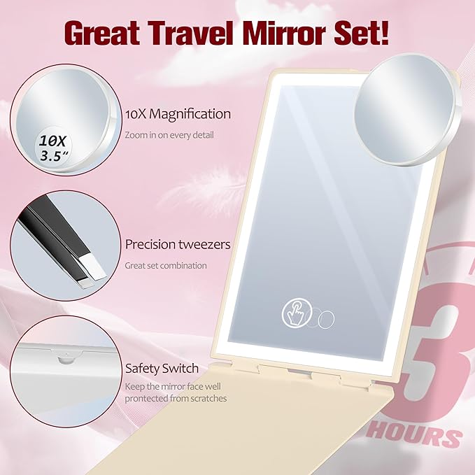 Travel Makeup Mirror with Lights Valentines Day Gifts for Her, Girlfriend, Wife, Birthday Gifts Rechargeable Portable Folding Compact LED Mirror Set with Tweezer 3 Color Light Modes-Cream