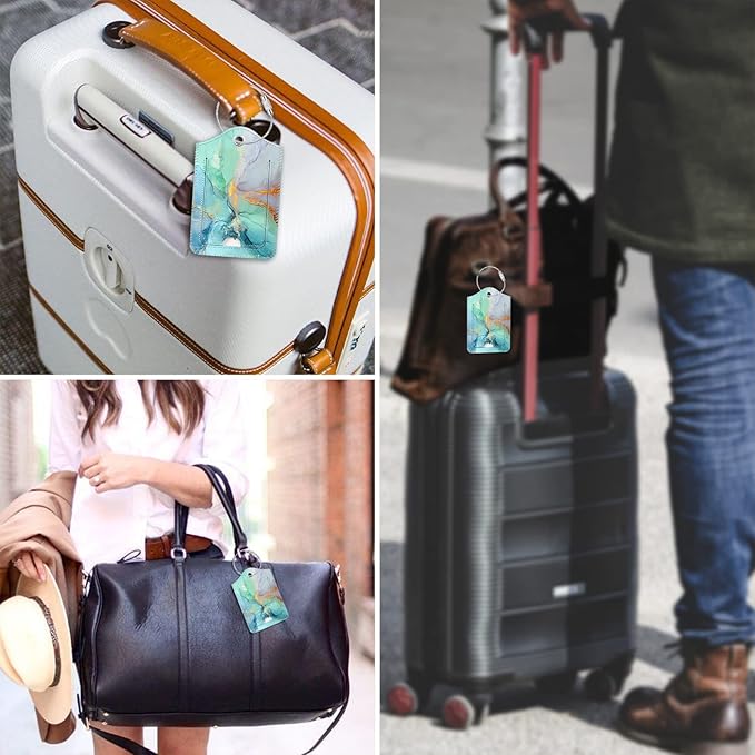 Fintie Luggage Tags, Privacy Cover ID Label with Stainless Steel Loop and Address Card for Travel Bag Suitcase, Emerald Marble (2 Piece)