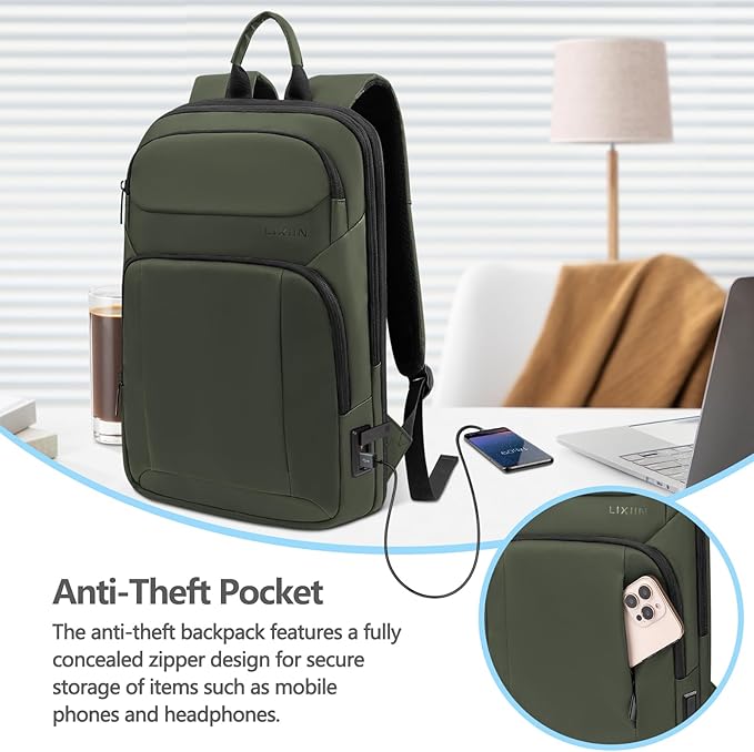 Backpack for Men Slim & Expandable Travel Laptop Backpack with USB Charging Port Water Resistant Anti-Theft Business Backpack Fits 17.3In Laptop for Commute Work College with Small Bag(Olive Green)