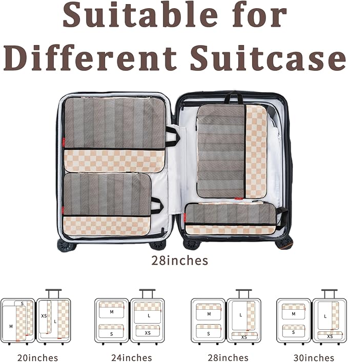 U+U 4 Set Compression Packing Cubes - Ultralight Travel Organizers, Space-Saving Suitcase Organizer, Expandable Packing Cubes for Travel, Business Trip and Family Vacation (Khaki Checkered)