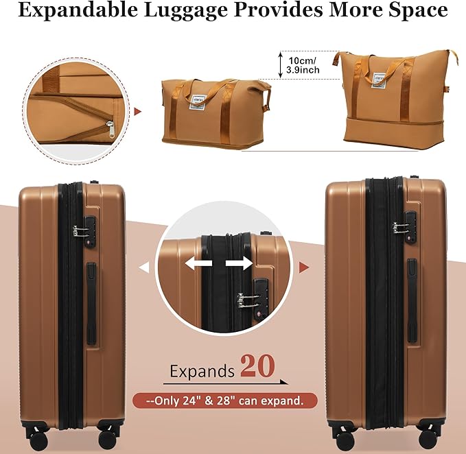 Merax Luggage Sets 5 Piece with Half-opening, Hardside 20" Carry On Suitcase Set with USB Port,Lightweight Travel 24" 28" Luggage with Bags TSA Locks Double Spinner Wheels,Brown