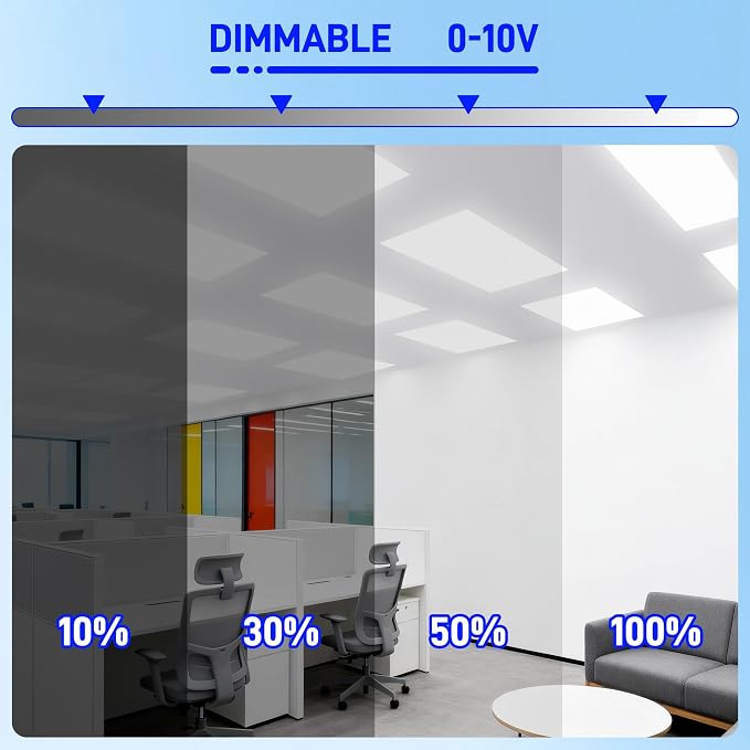 hykolity 2x4 LED Flat Panel Light,30W/40W/50W Dimmable,Drop Ceiling 4 Pack | Selectable Watts 0-10V Dimmable 5000K Daylight 6500LM ETL Recessed Light for Office Classroom Garage Replaces 3-Lamp Fixture