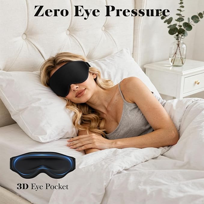 3D Eye Mask Sleep Mask for Men & Women, 100% Pressure-Free & Light Block-Out Eye Mask for Sleep with Easy Adjustable Strap, Night Eye Cover for Travel, Black
