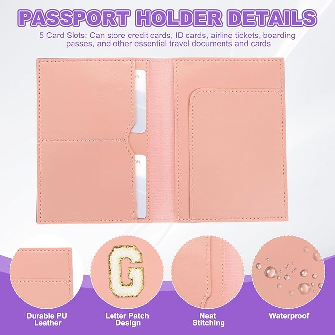 PATIKIL Passport Holder for Travel, Initial Passport Cover and Luggage Tag Set with Alphabet Chenille Letter Patch Travel Wallet Bag Suitcase Identifier for Women Family Travel Pink G