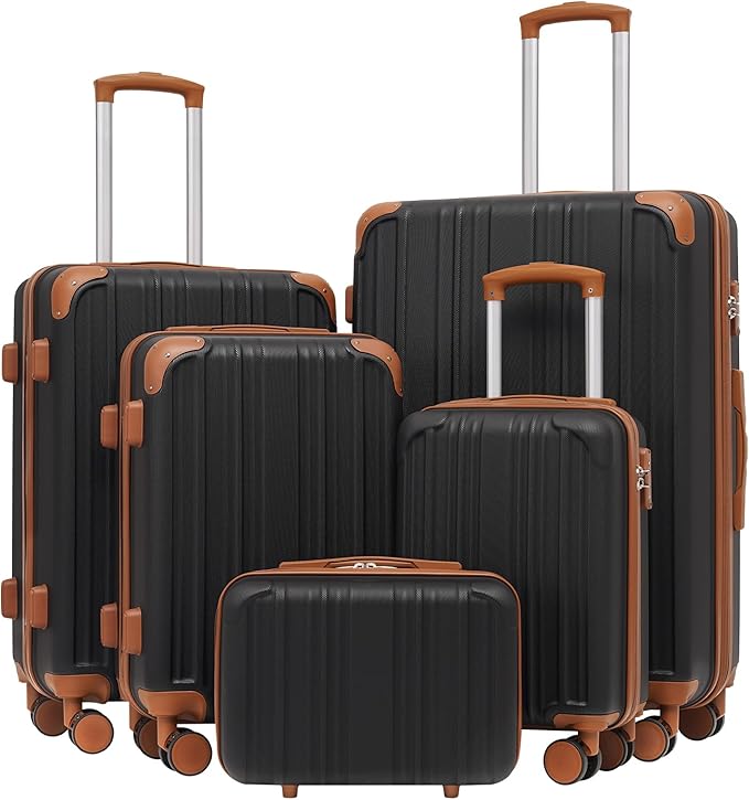 Coolife Luggage Sets, 5 Piece Durable Suitcase, Lightweight Carry on Luggage with ABS Hardshell, Dual Spinner Wheels, TSA Lock and YKK Zipper (apricot black, 5 piece set)