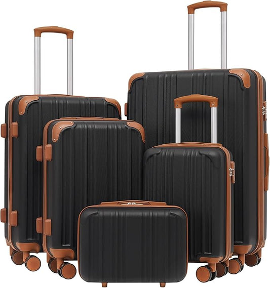 Coolife Luggage Sets, 5 Piece Durable Suitcase, Lightweight Carry on Luggage with ABS Hardshell, Dual Spinner Wheels, TSA Lock and YKK Zipper (apricot black, 5 piece set)
