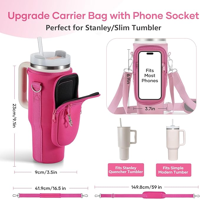 linmaya Water Bottle Carrier Bag for Stanley Cup 40/30oz with Phone Holder Pockets,Neoprene Water Bottle Cross-body Bag with Adjustable Shoulder & Hand Strap Stanley Cup Accessories
