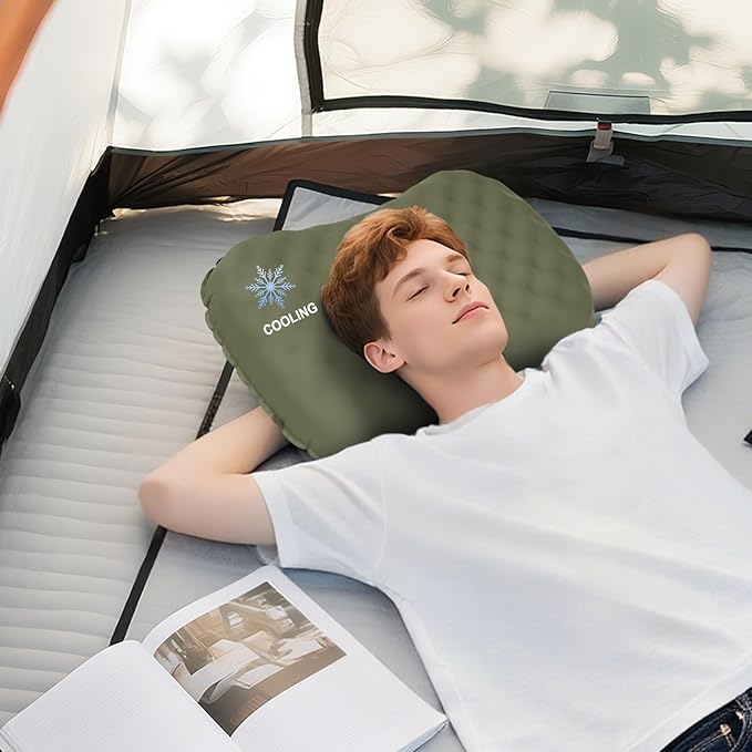 Camping Pillow with Ice Silk Memory Foam Cover - Ultralight Inflatable Pillow for Camping Lightweight, Ergonomic and Washable for Camping, Hiking, and Travel Green