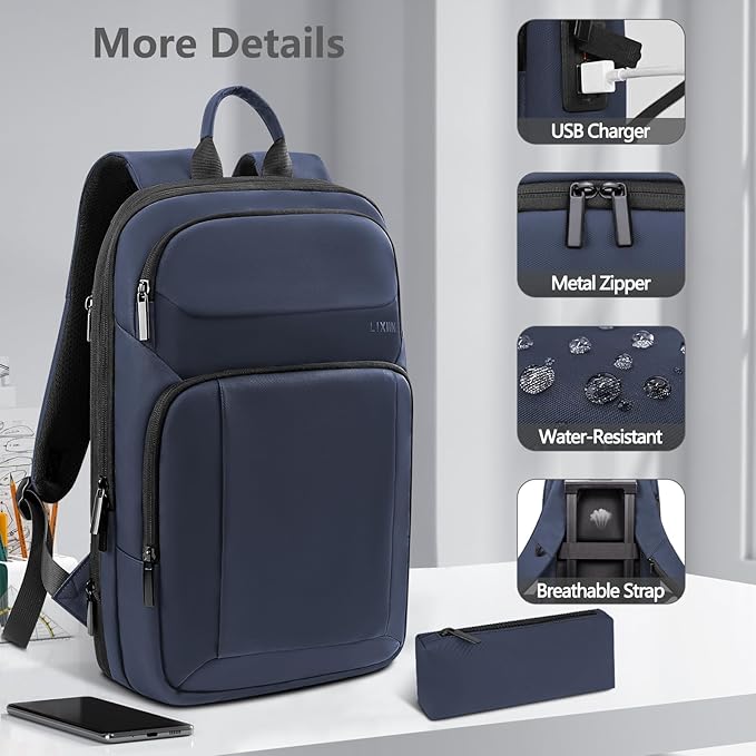 Backpack for Men Slim & Expandable Travel Laptop Backpack with USB Charging Port Water Resistant Anti-Theft Business Backpack Fits 15.6In Laptop for Commute Work College with Small Bag(Navy Blue)