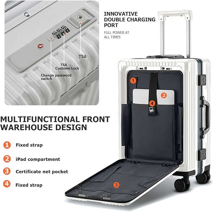 feilario Aluminium Frame PC Hard Shell Spinner Wheels Luggage,22.5"X15"X9.5" Airline Approved Built-In TSA lock Carry on Suitcase, with Cup Holder, USB Port, Phone Holder