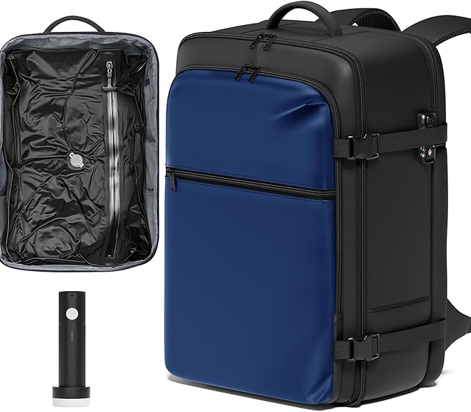 SUOCO Travel Vacuum Backpack with Portable Electric Pump, 45L Carry On Compression Seal Travel Backpack with Vacuum System, Traveling Packing Luggage Suitcase, Navy Blue