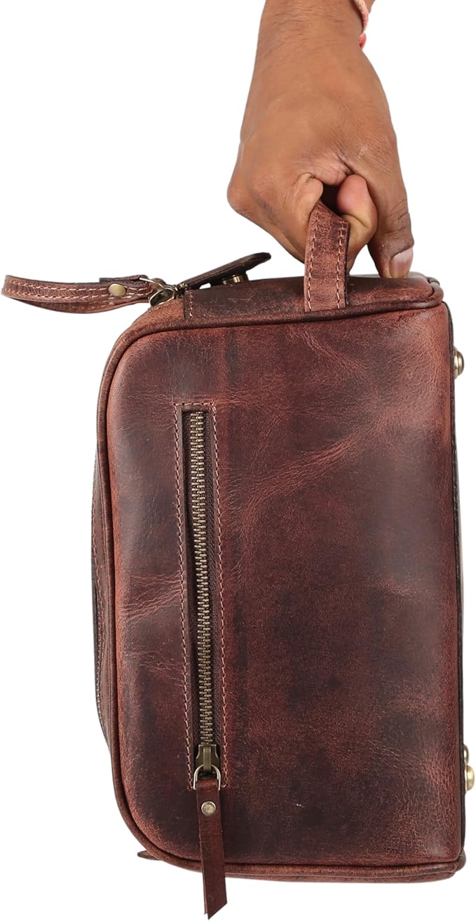 KomalC Travel Toiletry Bag – Premium Leather Dopp Kit for Men & Women with Water-Resistant Lining & Spacious Zippered Organizer