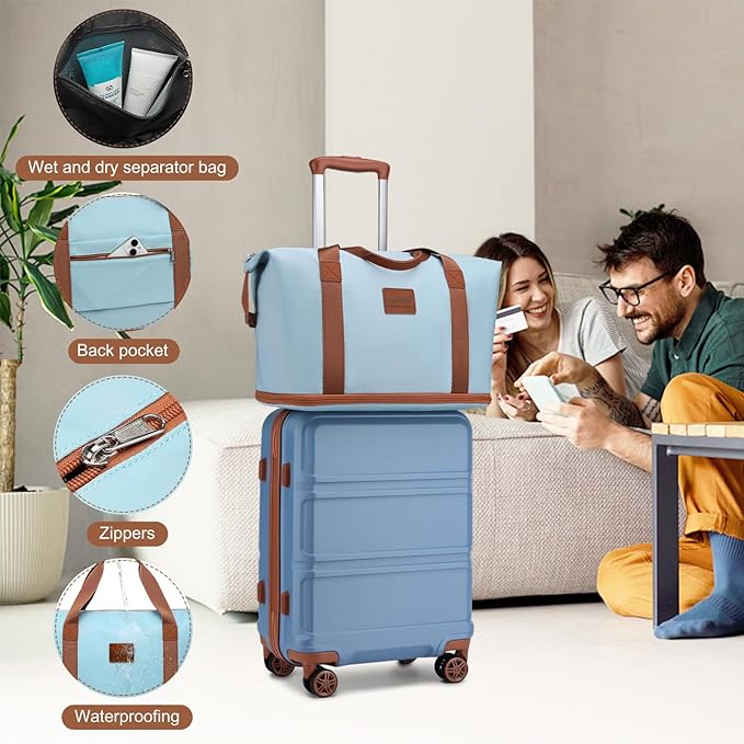 Kono Suitcase Set 3 Piece Luggage Set Expandable(only 28") Lightweight PC+ABS Carry On Hardside Luggage with TSA Lock Spinner Wheels (Apricot Blue, 6 piece set)