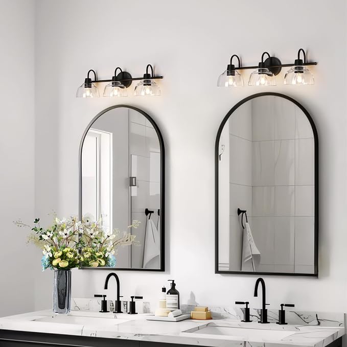 KSANA Black Bathroom Light Fixture, 3-Light Vanity Light with Large Opening Clear Glass Shade, Modern Farmhouse Wall Lamp Over Mirror