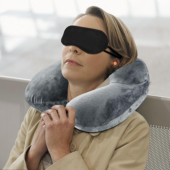 1 PcsInflatable Travel Pillows for Sleeping Airplane Inflatable Neck Pillow for Traveling Pillow Inflatable Travel Neck Pillows for Airplanes Sleeping, Train, Car, Office, with Eye Masks, Earplugs