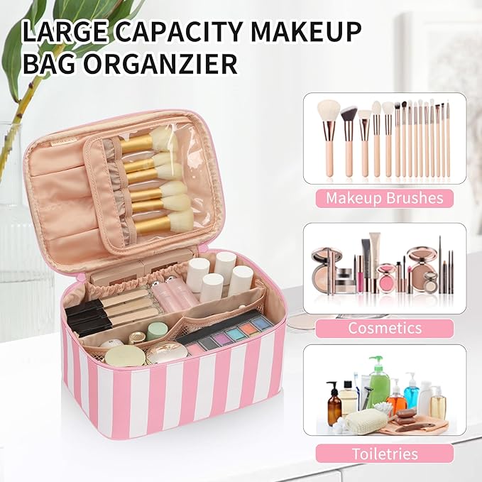OCHEAL Makeup Bag,Travel Makeup Organizer Bag, Large Capacity Cosmetic Bags For Women Large Travel Toiletry Bag Girls Traveling With Brush Slot And Divider-Stripes Pink