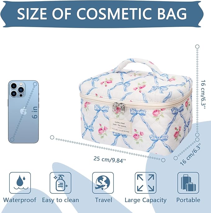 Large Makeup Bag, Cute Cosmetic Bag for Women Girls, Floral Coquette Aesthetic Toiletry Bag, Travel Make Up Organizer Bag (Blue Butterfly)