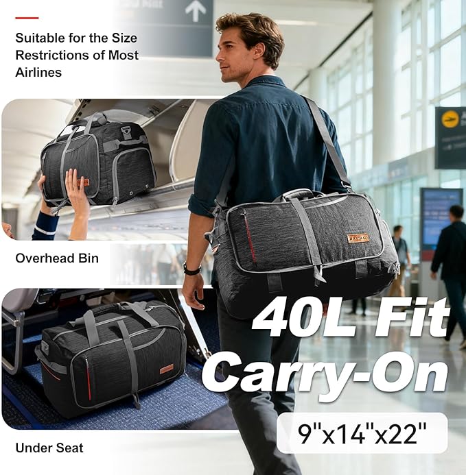 Canway 40L Foldable Duffle Bag for Travel Men & Women Carry On 22"x14"x9" Airline Approved, Small Luggage Overnight Bag with Shoe Compartment, Water-Resistant Gym & Sports Bag