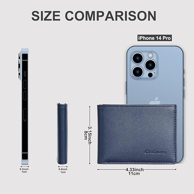 Chelmon Slim Wallet for Men ID Window with RFID Blocking Front Pocket Minimalist Bifold Bussiness Card Holder Gift for Men, Dark Blue