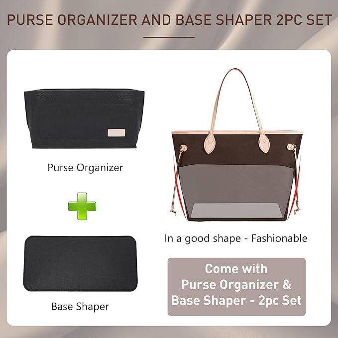 Doxo Purse Organizer Insert Handbag Tote Felt Bag Fit L Neverfull GM & Base Shaper 2pc Set (X-Large, Black-Combination)