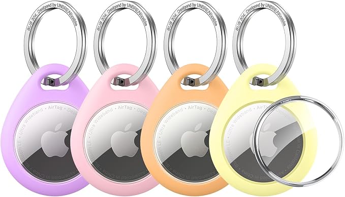 UNBREAKcable Holder for Apple AirTag with 304 Stainless Steel Keychain Key Ring - 4 Pack [Fit Tightly Design] [Easy to Install] [Hold Air Tag Securely] Waterproof TPU Shell Protective Case, 4 Color