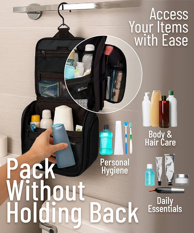 D&D Wanderlust D&D Hanging Travel Toiletry Bag for Men and Women – Cosmetics, Makeup and Toiletries Organizer Kit with 10 Compartments