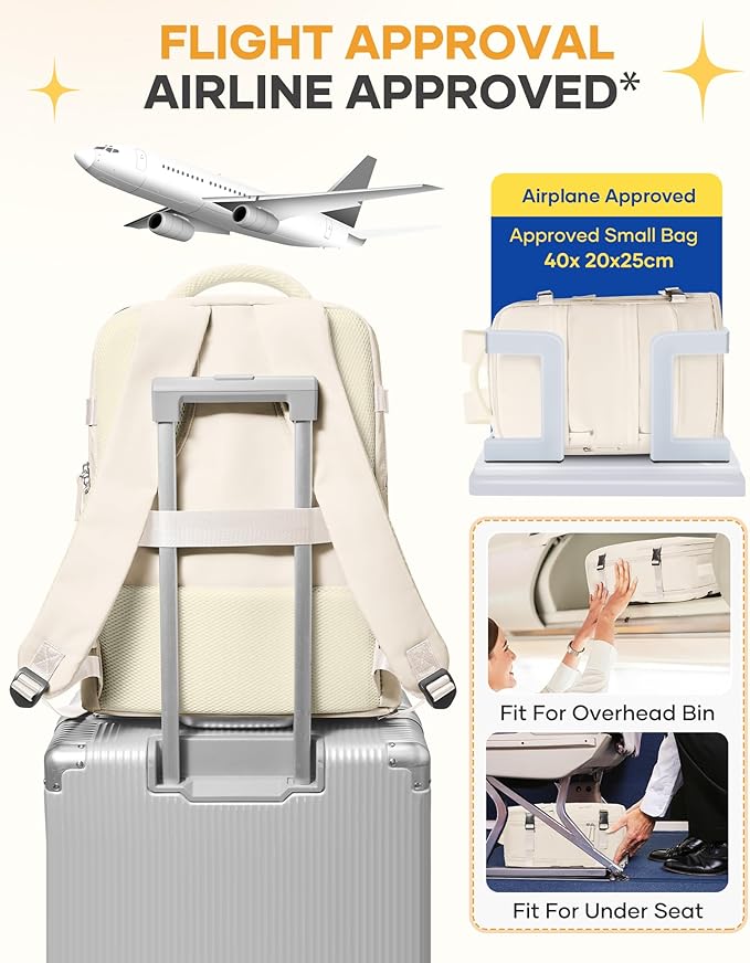 coofay Beige Travel Backpack For Women Men Airline Approved Personal Item Carry On Flight Approved Waterproof Backpack For Traveling On Airplane Weekender Travel Bag