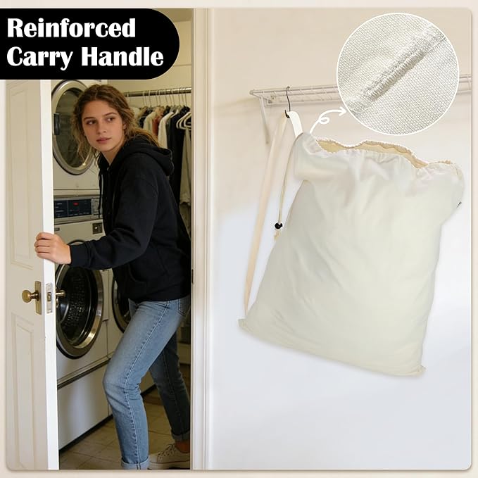 Canvas Laundry Bag with shoulder Strap 24"W x 29"H, Large Drawstring Dirty Clothes Bag Washable Laundry Sack for College Dorm, Travel, Home, Camp (Beige)