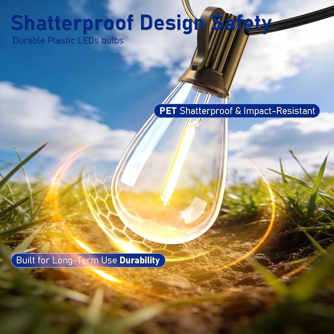 70FT Outdoor String Lights with Remote & Dimmable, 24+1 Shatterproof Waterproof Bulbs, Dimmable Outside Hanging Patio Lights for Backyard, Porch, Deck, Garden 2200K Warm Yellow