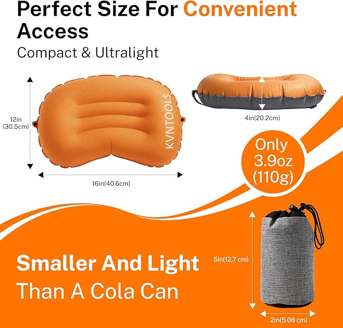 Ultralight Inflatable Camping Travel Pillow-Compressible, Compact, Comfortable, Ergonomic Inflating Pillows for Neck & Lumbar Support While Camp, Hiking, Backpacking (Orange)