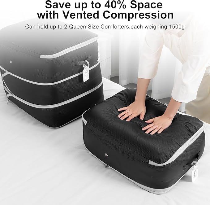 Comforter Storage Bag - Large Capacity Blanket Storage Bags 3-Layer Ultra Space Saving Self Compression Organizer, Washable Compression Bags for Storage Comforter Blanket, 6-Pack, Black