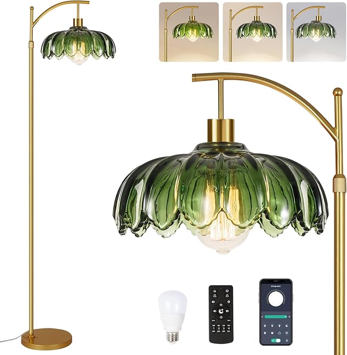 QIYIZM Gold Floor Lamp for Living Room,Bedroom,Mid Century Modern Standing Lamp with Remote,Dimmable Brass Tall Lamp Green Glass Lamp Vintage Retro Arc Floor Lamps Flower Floor Light Boho Bohemian