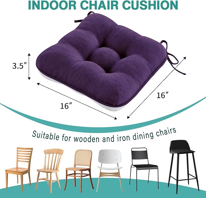BETU Chair Cushions for Dining Chairs Set of 4,3.5" Thick Kitchen Table Chair Pads with Ties,Non Slip Backing and Covers, Seat Cushion for Dining Room,Bar,Patio Chairs,16"X16"X3.5",Dark Purple