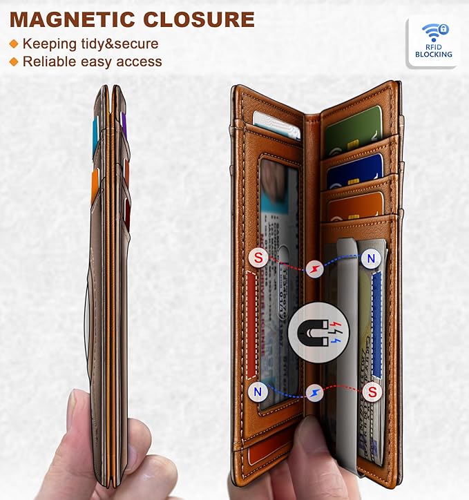 BULLIANT Men Airtag Wallet,Slim Wallet Money Clip Card Holder Magnetic Closure 12 Cards in Front Pocket RFID Blocking