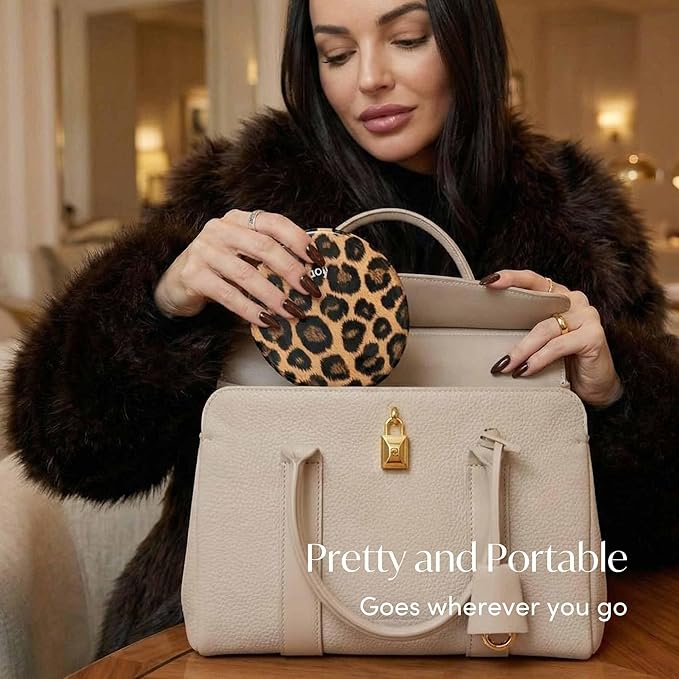 Fancii Taylor LED Lighted Travel Makeup Mirror, Rechargeable, 10x /1x Magnifying, Tru-Glow Lighting System, XL Large 5” Wide | Compact Mirror for Purses (Cheetah Chic)