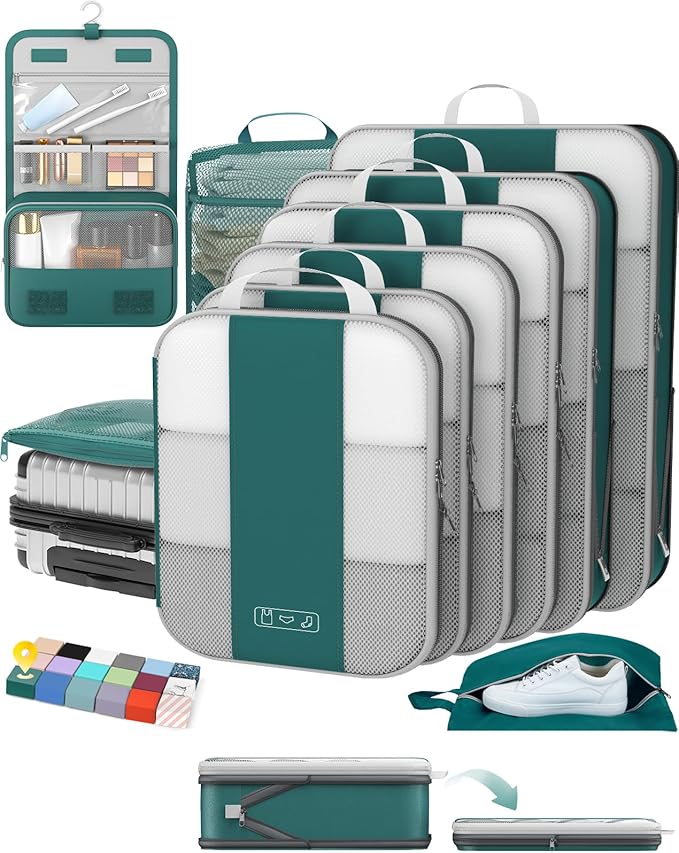 10 Set Compression Packing Cubes for Travel Essentials,Compressible Expandable Packing Cubes for Suitcase,OlarHike Luggage Organizer Bags,Handy Helper for Organizing Clothes(Dark Blue Green)