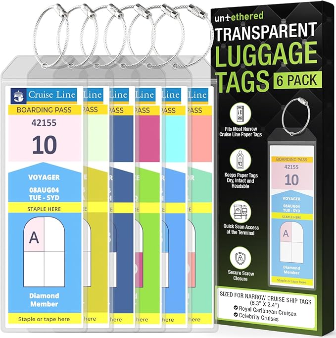 Untethered Cruise Luggage Tag Holders (6 Pack, Narrow) | Clear Luggage Tags for Cruise Ships | Durable PVC Travel Bag ID Tags (6.3" x 2.4")