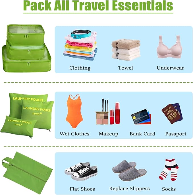 7 Set Packing Cubes for Travel Luggage Packing Bags Reusable Waterproof Suitcase Organizer Bags Set with Shoe Bag and Toiletry Bag (Green)