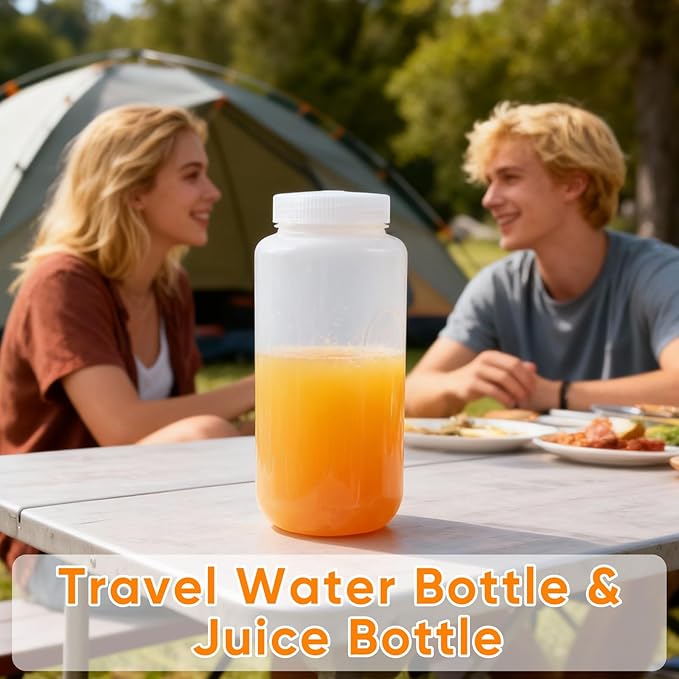 DEMORA 32 oz Plastic Bottles with Lids, Airtight Refillable Wide Mouth Travel Bottles for Toiletries, HDPE Food Grade Plastic Containers for Liquids Pill Water Sample Lab Reagent (Translucent, 2 Pcs)